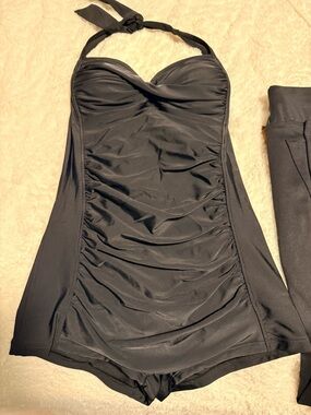 COCOSHIP Black Halter Shirred One-Piece Swimdress Shaper